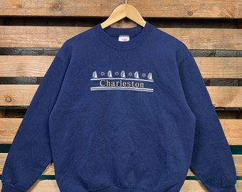 Vintage Charleston Sweatshirt Charleston Pullover Sweater Charleston Crewneck Jumper Charleston Embroidery Logo Small Size Blue Navy
