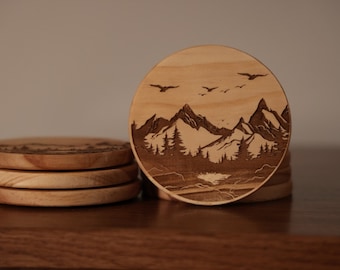 Mountain scene Wood Coaster. Mountain View Wooden Coaster Set.