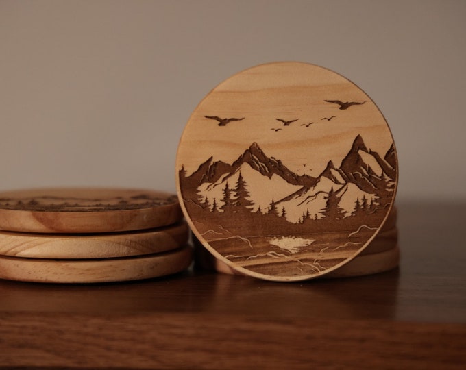 Laser Engraved Mountain Scene Wood Coaster Set