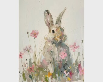 印象派のウサギの絵画：花のウサギのオリジナル油絵（9.8インチ×9.8