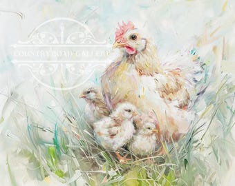 Impression d'art poulet et poussins | Champ de fleurs sauvages, décoration d'intérieur du sud