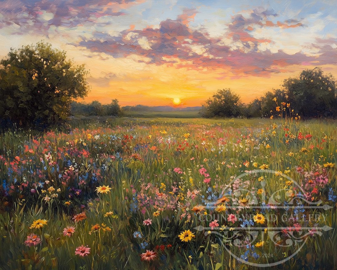 Wildflower Field Oil Painting | Southern Landscape Art, Sunset Meadow ...