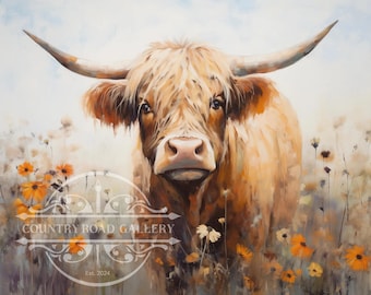 Highland Cow Oil Painting | Floral Country Western Wall Art