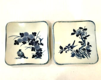 Platos decorativos cuadrados de porcelana vintage OMC Japan con diseño de pájaros azules asiáticos (juego de 2)