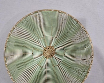Vintage Hand Coiled Woven Round Basket Green White And Gold