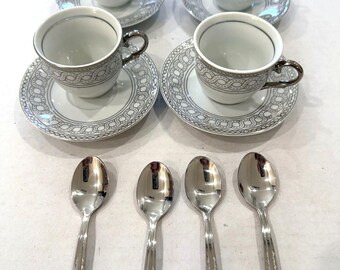 Alpine Cuisine Fine Porcelain Germany Tea Cup, Saucer, Spoon Bundle of 4 Setting
