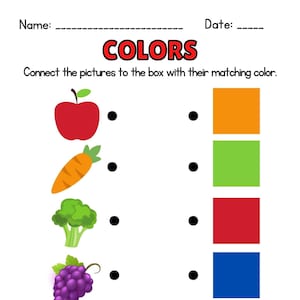 May include: A worksheet with the word "COLORS" at the top.  Five pictures of fruits and vegetables are on the left side of the page.  Five colored squares are on the right side of the page.  The worksheet instructs the user to connect the pictures to the box with their matching color.