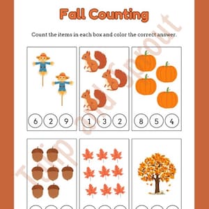 May include: A worksheet labelled "Fall Counting" featuring images of scarecrows, squirrels, pumpkins, acorns, leaves, and a tree. The worksheet includes counting exercises with multiple-choice answers. The background is a solid orange colour.