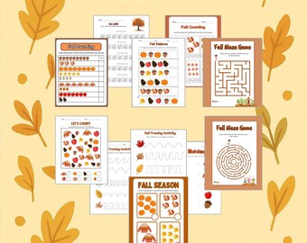 May include: A fall-themed worksheet bundle with the text "FALL WORKSHEET BUNDLE" and "11 PAGES OF FUN ACTIVITY SHEETS". The worksheets feature fall-related activities, including counting, patterns, mazes, and tracing. The design includes pumpkins and autumn leaves.
