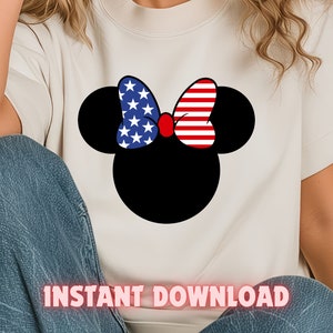 May include: White t-shirt with a black silhouette of Mickey Mouse ears with a red, white, and blue bow. The bow is patterned with stars and stripes. The text "INSTANT DOWNLOAD" is at the bottom of the shirt.