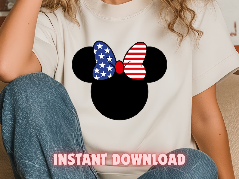 May include: White t-shirt with a black silhouette of Mickey Mouse ears with a red, white, and blue bow. The bow is patterned with stars and stripes. The text "INSTANT DOWNLOAD" is at the bottom of the shirt.