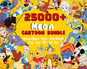 Puede incluir: Un gráfico amarillo vibrante con numerosos personajes de dibujos animados, incluyendo Mickey Mouse, Elsa y Winnie the Pooh. El texto en negrita dice "25000+ MEGA CARTOON BUNDLE" con detalles sobre cliparts, fuentes y diseños. La imagen está llena de ilustraciones coloridas.