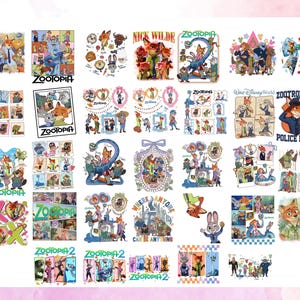 Puede incluir: Una colección de imágenes con temática de Zootopia con personajes como Nick Wilde y Judy Hopps. Las imágenes incluyen varios diseños, como paneles de estilo cómic, ilustraciones de personajes y texto que dice "ZOOTOPIA", "NICK WILDE" y "ZOOTROPOLIS POLICE DEPT."