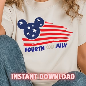 May include: White t-shirt with a red, white, and blue American flag design featuring a Mickey Mouse silhouette. The text "Fourth of July" is printed below the flag.