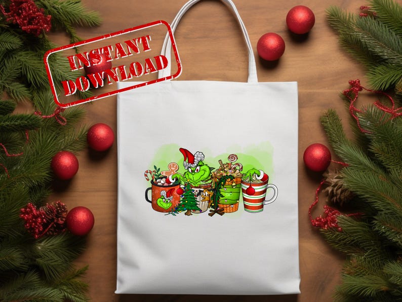 K&ouml;nnte beinhalten: Wei&szlig;e Einkaufstasche mit einer gr&uuml;nen Grinch-Figur, die drei Tassen mit hei&szlig;er Schokolade und Zuckerstangen h&auml;lt. Der Grinch tr&auml;gt eine rote Weihnachtsm&uuml;tze. Der Hintergrund ist ein Aquarell in Gr&uuml;n und Wei&szlig;.