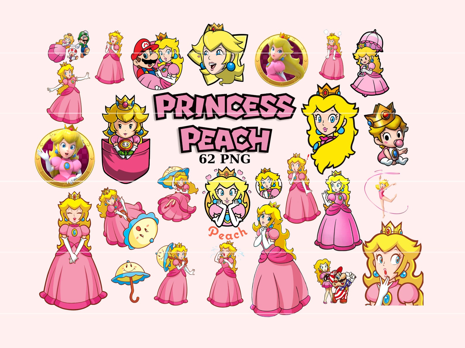 Princess Peach PNG Cliparts Bundle, Mario Princess PNG, Printable Peach
