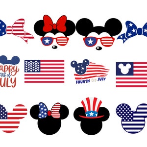 May include: Set of 10 digital clipart images featuring Mickey Mouse and Minnie Mouse in various poses and designs. The images include Mickey and Minnie wearing sunglasses, Mickey and Minnie with American flag ears, Mickey and Minnie with American flag bow, and Mickey and Minnie with American flag hats. The images also include the text "Happy 4th of July" and "Fourth of July".
