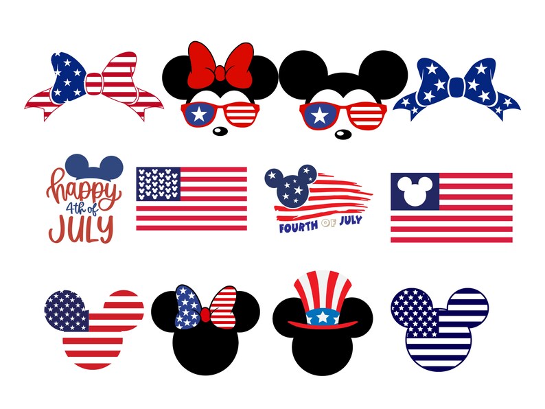 May include: Set of 10 digital clipart images featuring Mickey Mouse and Minnie Mouse in various poses and designs. The images include Mickey and Minnie wearing sunglasses, Mickey and Minnie with American flag ears, Mickey and Minnie with American flag bow, and Mickey and Minnie with American flag hats. The images also include the text "Happy 4th of July" and "Fourth of July".