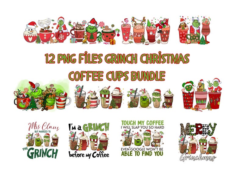 Grinch Weihnachtskaffeetassen PNG Bundle (Digitaler Download) Bild 1