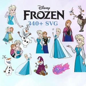 May include: A selection of Disney Frozen SVG images featuring Elsa, Anna, Olaf, and Sven. The images show characters in different poses and outfits, with the title "Frozen" and the text "340+ SVG" displayed.
