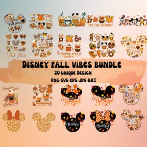 Może przedstawiać: Kolekcja jesiennych wzorów Disneya, w tym uszy Myszki Miki, dynie i jesienne liście. Wyświetlany jest tekst "Disney Fall Vibes Bundle", a także "20 Unique Design" i informacje o typie pliku.