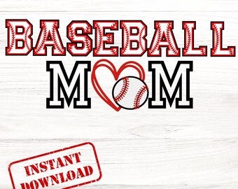 Könnte beinhalten: Grafikdesign mit den Worten "BASEBALL MOM" in Rot und Schwarz, begleitet von einem Baseball- und Herz-Grafik. Das Bild enthält einen roten "SOFORT-DOWNLOAD" Stempel und SVG-, PNG- und JPEG-Dateityp-Indikatoren.