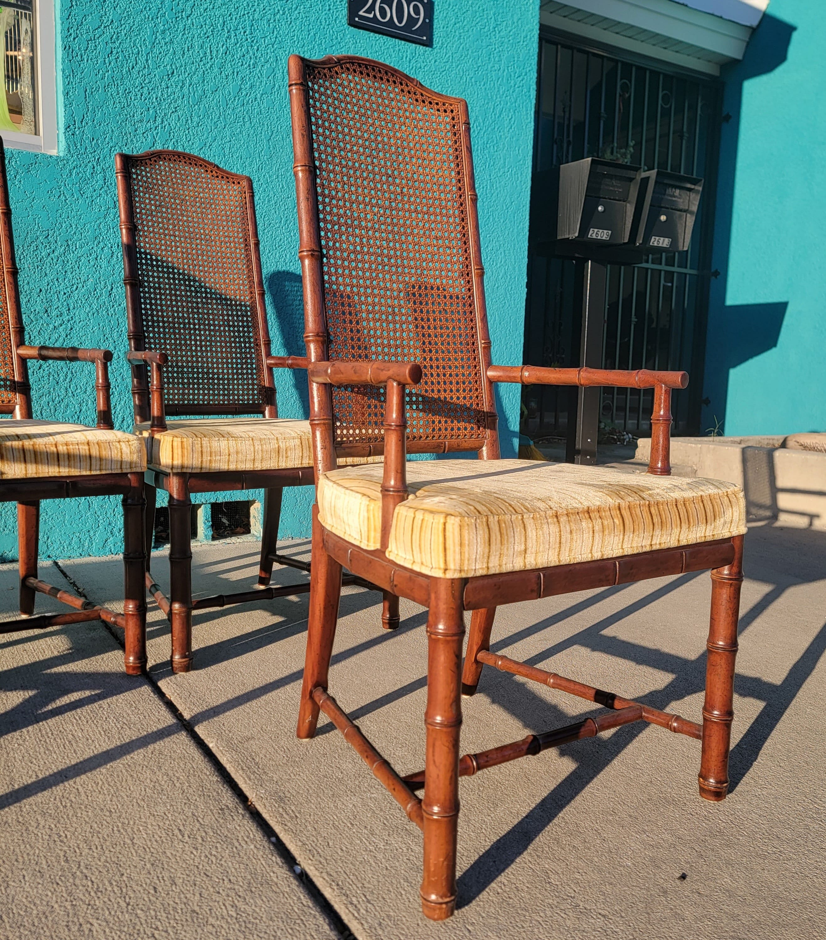 Set 4 Mid Century Henredon Caned Back Faux Rattan Captain Dining