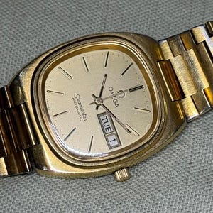 Omega Seamaster, square beige dial, gold stainless steel strap gents automatic vintage watch (H20)
