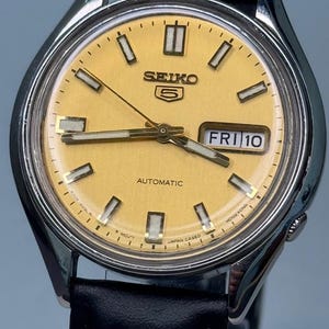 Vintage Seiko 5, Gold Dial, Black Leather Strap, Automatic, Japan-Cased, Gents (H27)