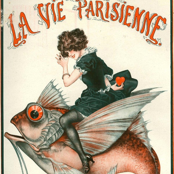 Poisson D'Avril, La Vie Parisienne, art deco, vintage print, french, illustration, goth art, cabaret style