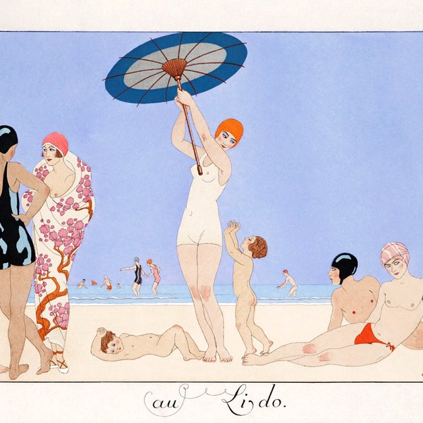 Am Strand, Art Deco, Wohndekor, seltsame Vintage Kunst, französische Illustration, George Barbier, Mode Druck, Wandkunst, museales Poster, Akt