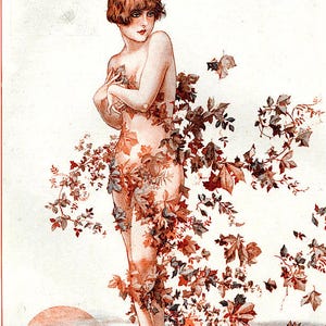 Puede incluir: Ilustración de una mujer adornada con hojas de otoño, sobre un fondo blanco. La obra presenta una puesta de sol y setas en el fondo, con la firma del artista en la esquina inferior derecha.