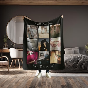 May include: Black fleece blanket featuring a collage of nine photos. The photos depict a couple and pregnancy-related images. The blanket has the text "I will Love You, Forever" in white script.