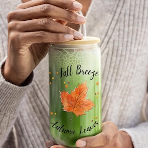 Autumn Leaves Sipper Glass: 16oz Iced Coffee Cup with Lid & Straw