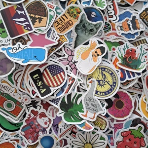 Può includere: Una grande collezione di adesivi colorati con vari disegni, tra cui animali, cibo e frasi. Gli adesivi sono disposti in modo casuale e sono perfetti per decorare laptop, borracce o diari.