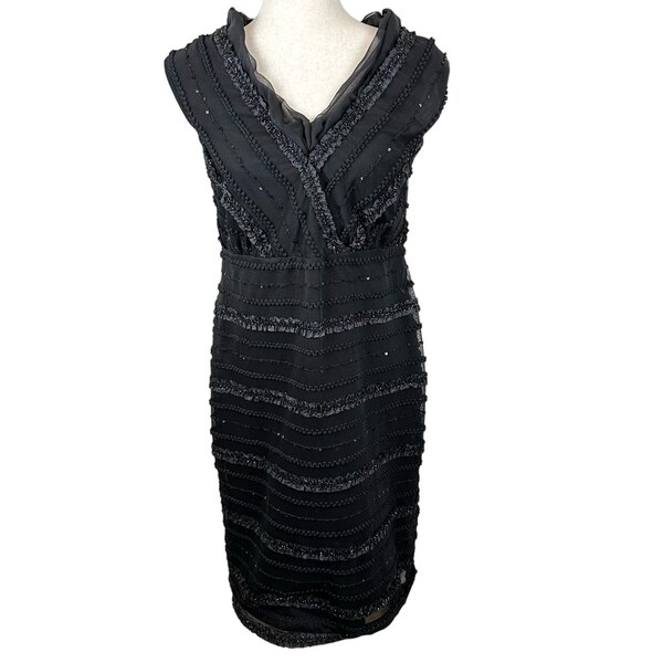 VTG Tadashi Midi Dress Party Cocktail Size 14* Black Sequins V Neck Sleeveless