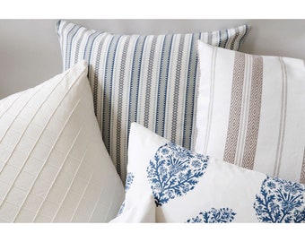 Navy Blue and Cream Boho Throw Pillow Covers Floral Stripes Solids, 10 Sizes A006