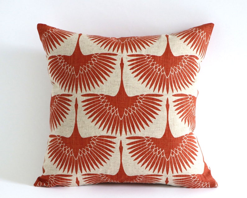 Art Deco Burnt Orange Swans on Natural Linen, Designer Mid Century Modern Throw Pillow Covers, 10 Sizes A010 image 3
