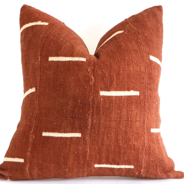 White Lines on Burnt Orange Rust Authentic African Mudcloth Throw Pillow Covers, 10 Sizes