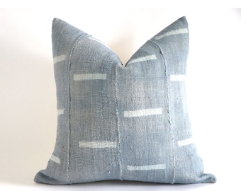 White Lines on Blue Grey Authentic African Mudcloth Throw Pillow Covers, 10 Sizes