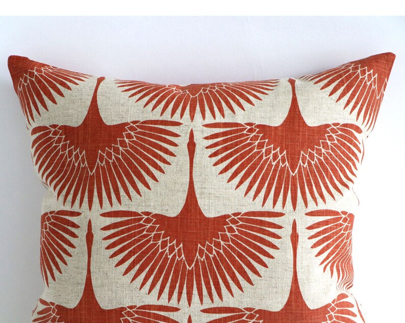 Art Deco Burnt Orange Swans on Natural Linen, Designer Mid Century Modern Throw Pillow Covers, 10 Sizes A010 image 4