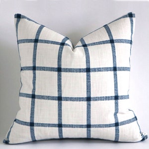 Navy Blue and White Plaid Farmhouse Pillow, Linen Texture 20x20 inches A002