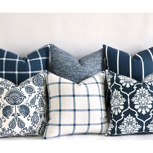Navy Blue and White Farmhouse Decorative Throw Pillows Checks, Solids, Stripes, 10 Sizes A002