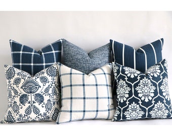 Navy Blue and White Farmhouse Decorative Throw Pillows Checks, Solids, Stripes, 10 Sizes A002