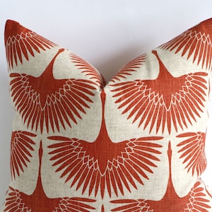 Art Deco Burnt Orange Swans on Natural Linen, Designer Mid Century Modern Throw Pillow Covers, 10 Sizes A010 image 2