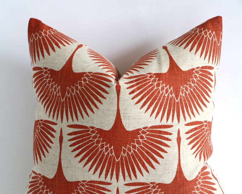 Art Deco Burnt Orange Swans on Natural Linen, Designer Mid Century Modern Throw Pillow Covers, 10 Sizes A010 image 2