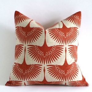 Art Deco Burnt Orange Swans on Natural Linen, Designer Mid Century Modern Throw Pillow Covers, 10 Sizes A010 image 1