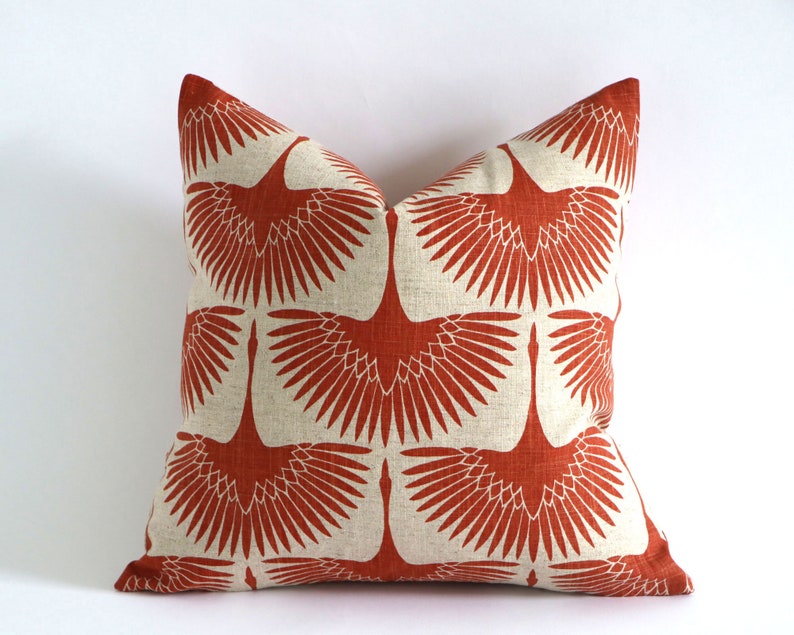 Art Deco Burnt Orange Swans on Natural Linen, Designer Mid Century Modern Throw Pillow Covers, 10 Sizes A010 image 1