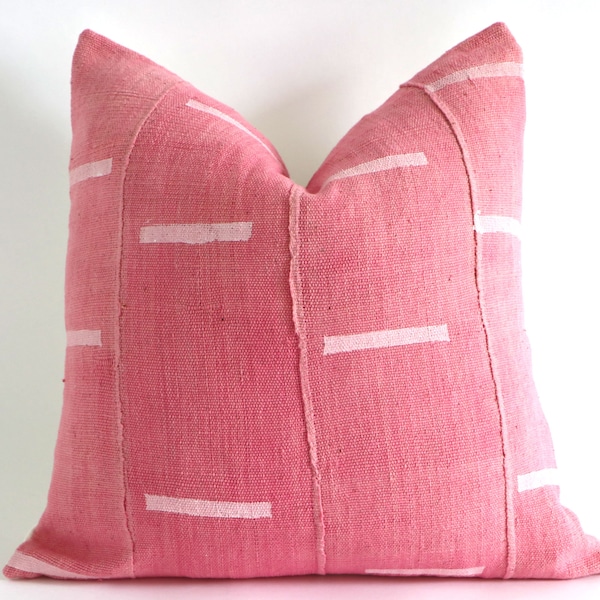 White Lines on Pink Authentic African Mudcloth Throw Pillow Covers, 10 Sizes