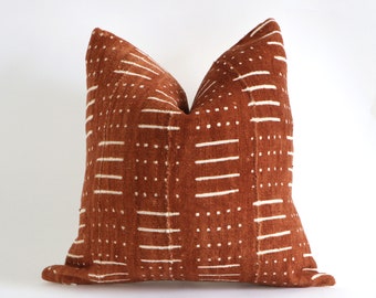 Authentic African Burnt Orange Rust Mudcloth Throw Pillow Covers, 10 Sizes